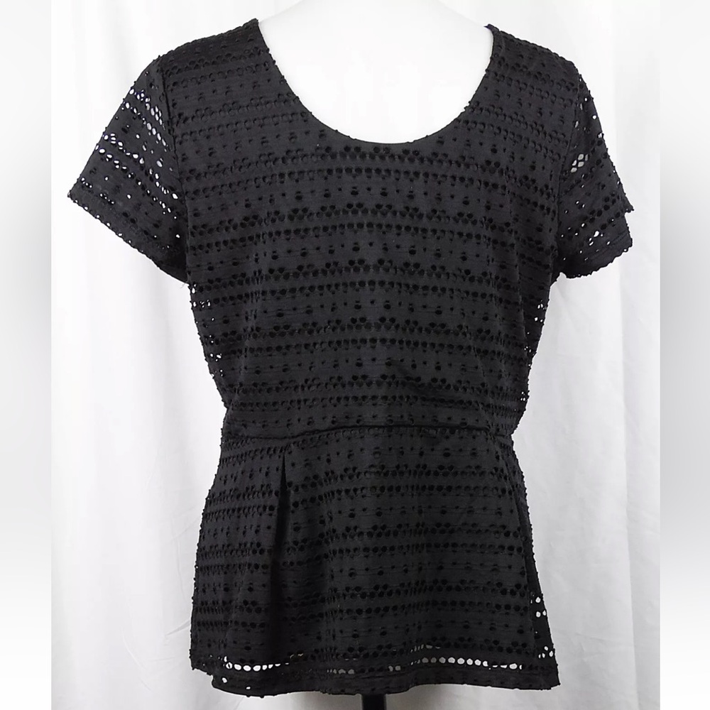 Apt.9 Black Knit Eyelet Short Sleeve Peplum Blouse Top Stretch Petite XL
